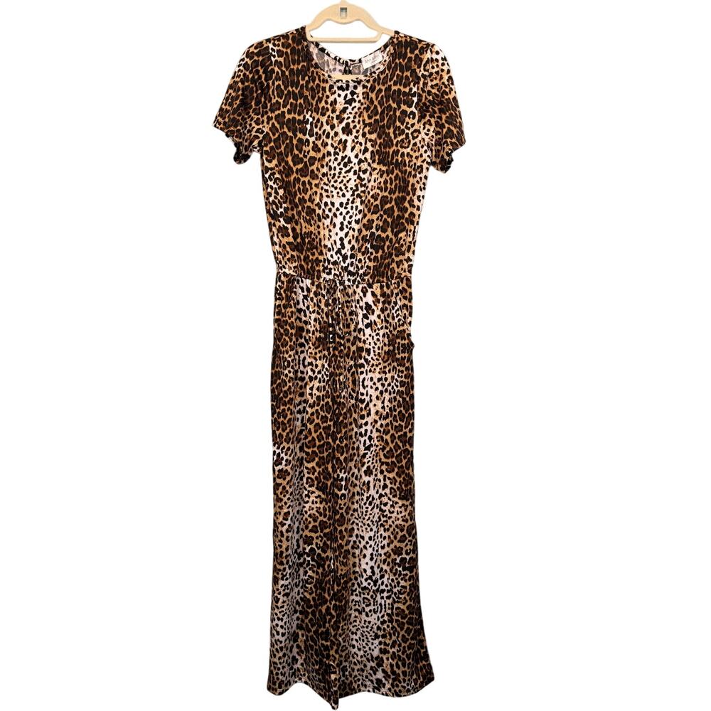 Ahn & Ahn Collection Jumpsuit S Cheetah Wide Leg Cinched Waist One Piece Brown
